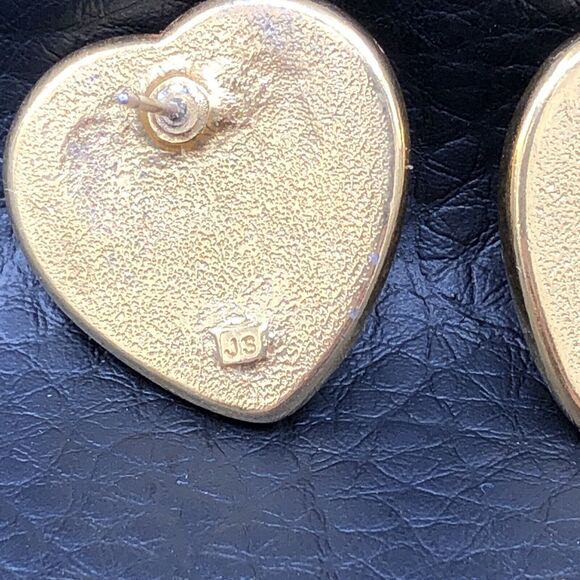 Vintage Rhinestone Heart Earrings Faux Pearl Gold Tone Posts 80s 90s Signed JS - Picture 3 of 7